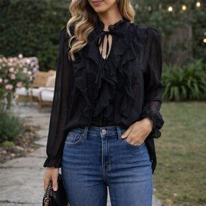 💜 Story On Sheer Ruffle Blouse | Black Romantic Top | Size M